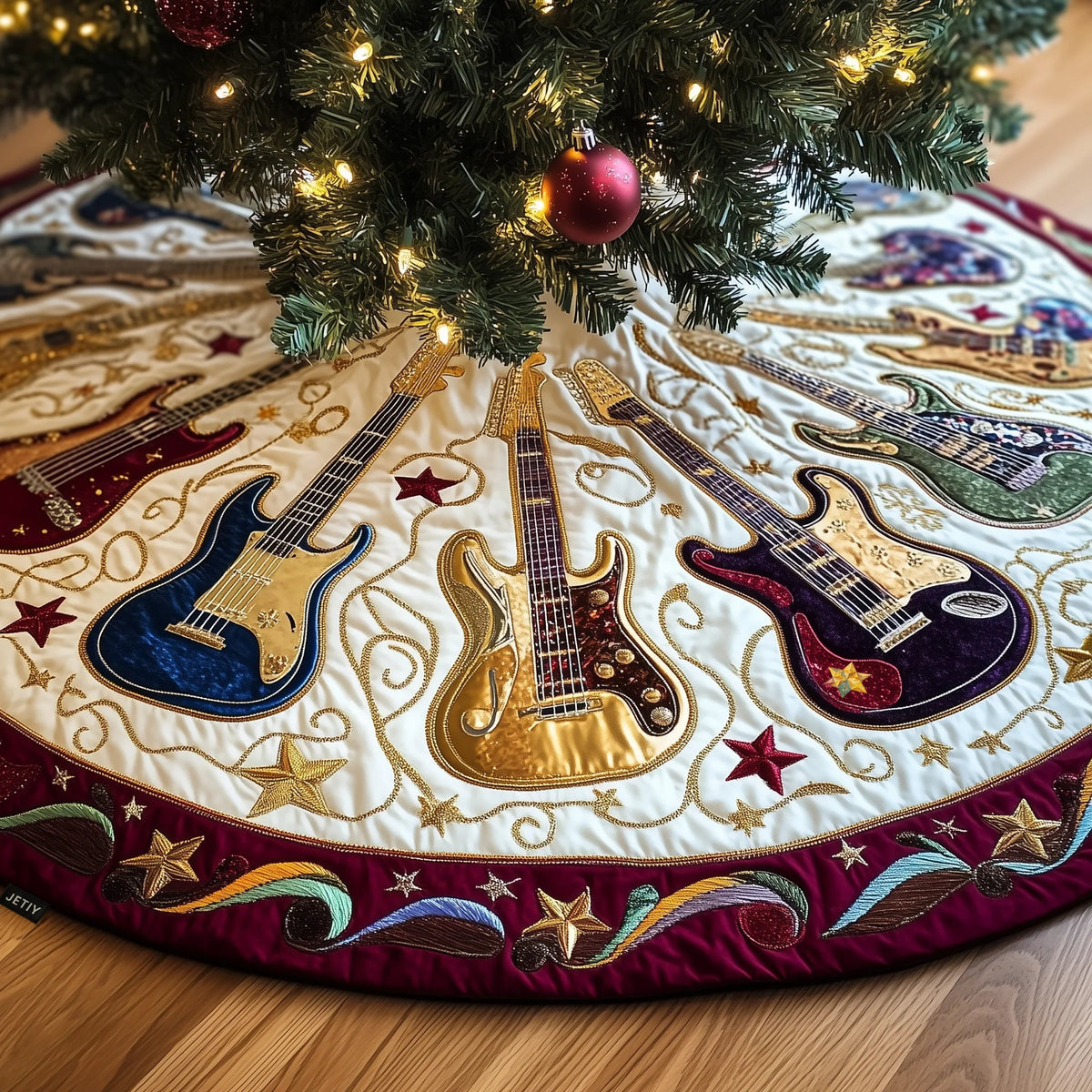 Guitars with Stars and Navy Border Christmas Tree Skirt