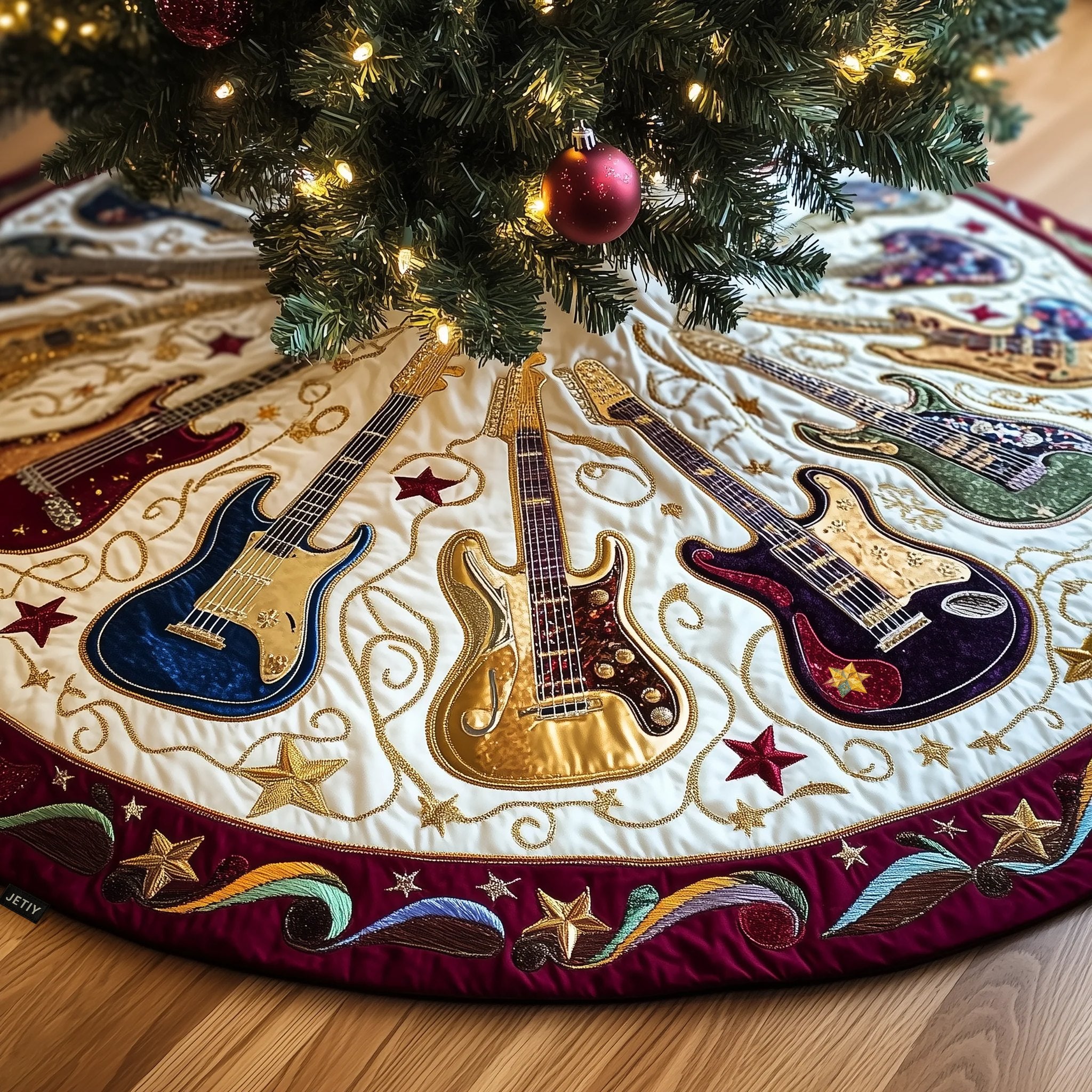 Guitars with Stars and Navy Border Christmas Tree Skirt