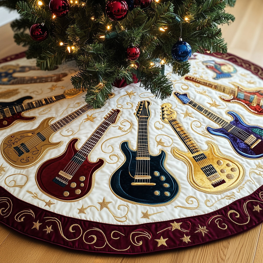 Guitars in Wine and Gold on Cream Christmas Tree Skirt