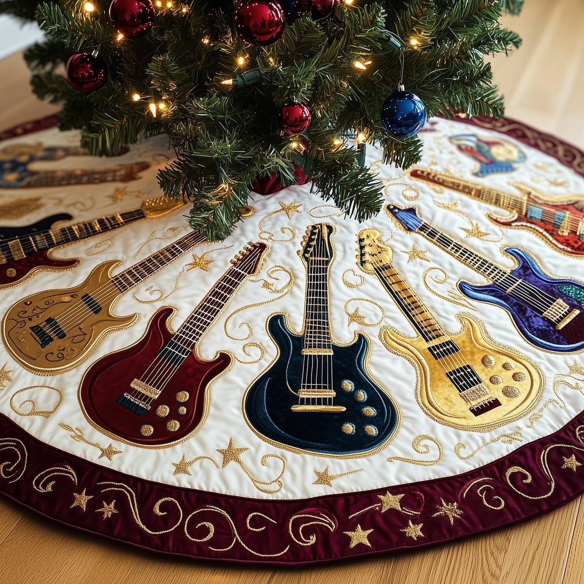 Guitars in Wine and Gold on Cream Christmas Tree Skirt