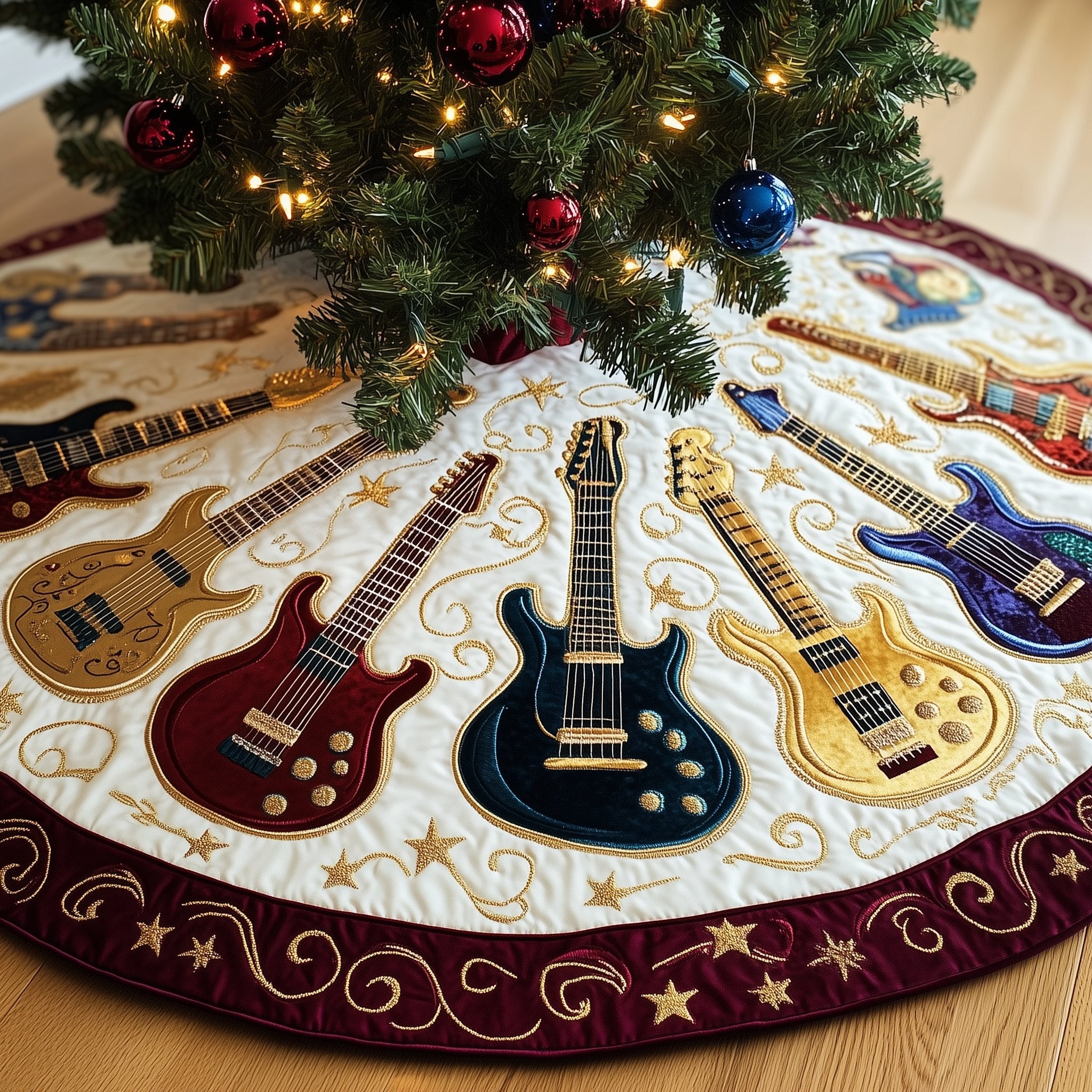 Guitars in Wine and Gold on Cream Christmas Tree Skirt