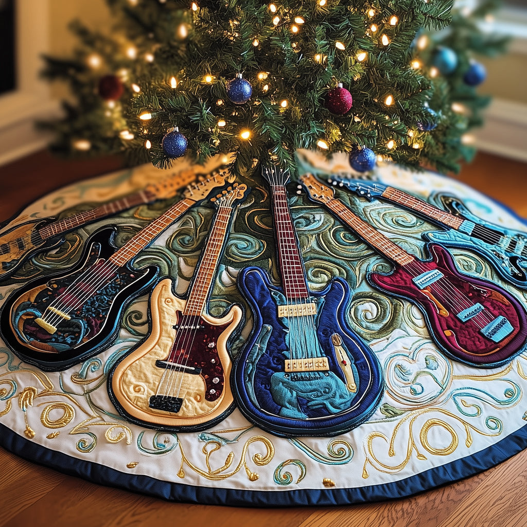 Guitars on the Blue Swirl Ground Christmas Tree Skirt
