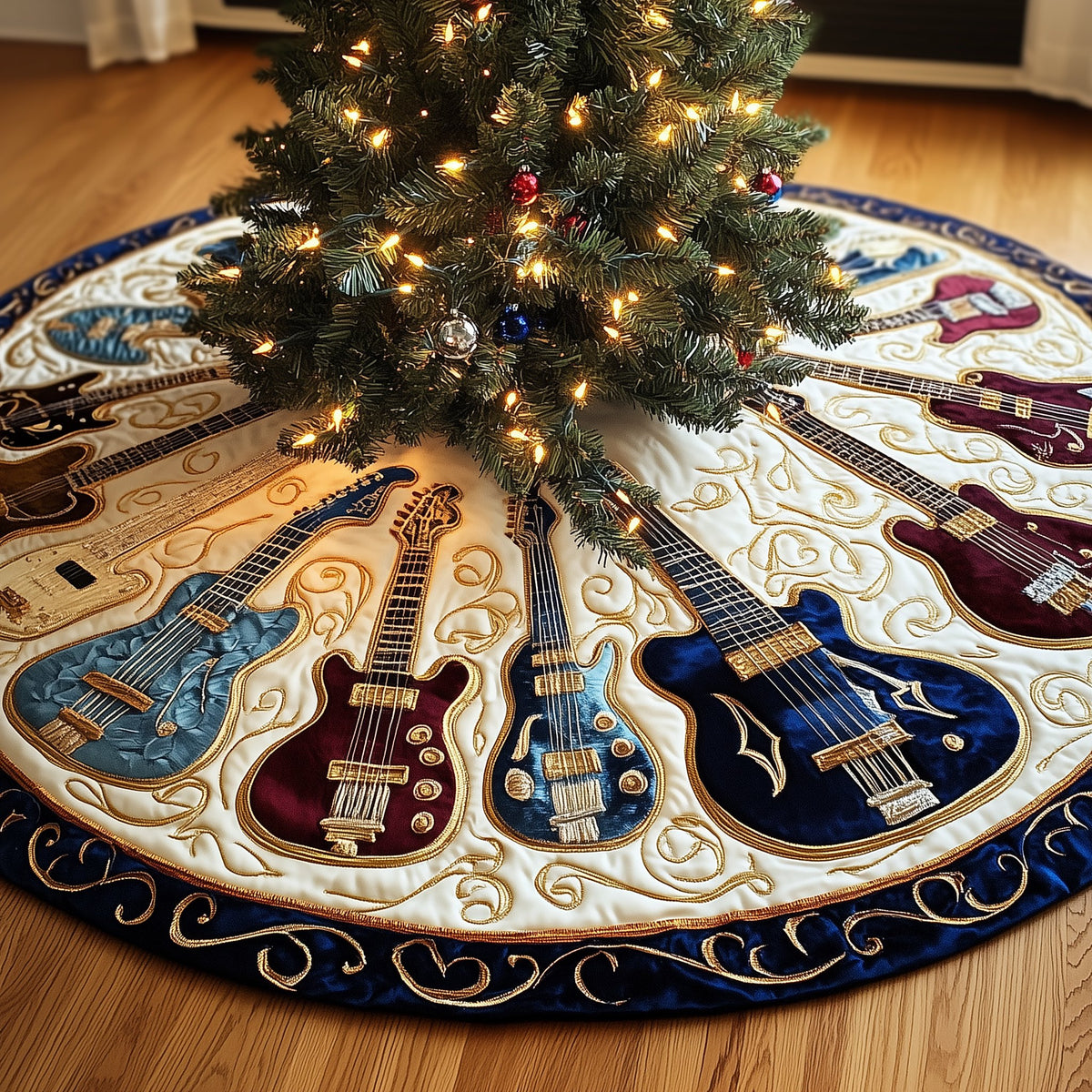Guitars in Amber and Navy Christmas Tree Skirt