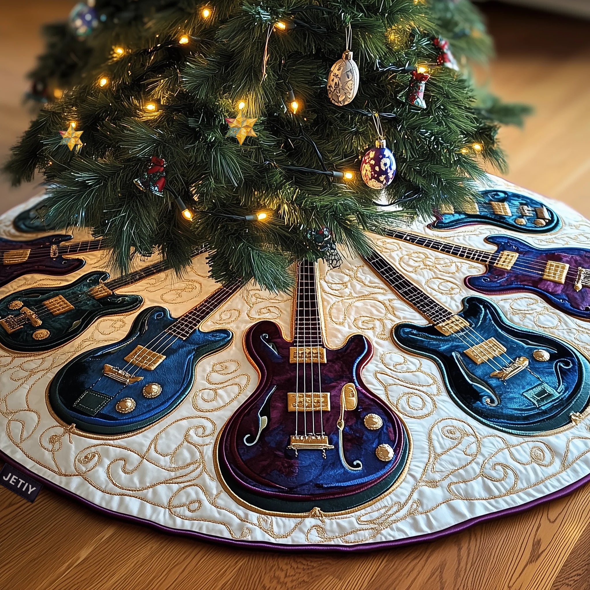 Blue Guitars on Cream Swirls Christmas Tree Skirt