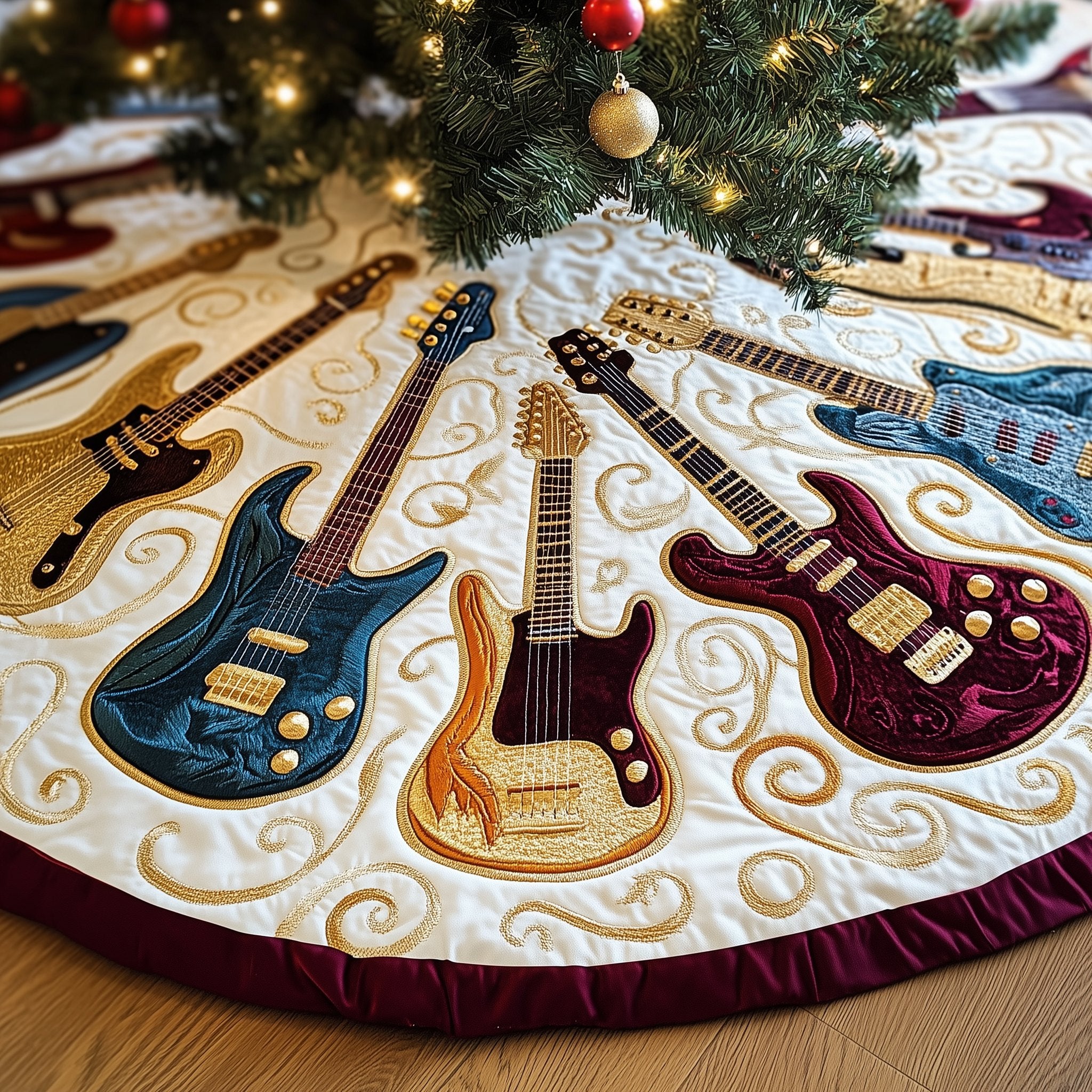 Guitars on Cream with Gold Swirls Christmas Tree Skirt