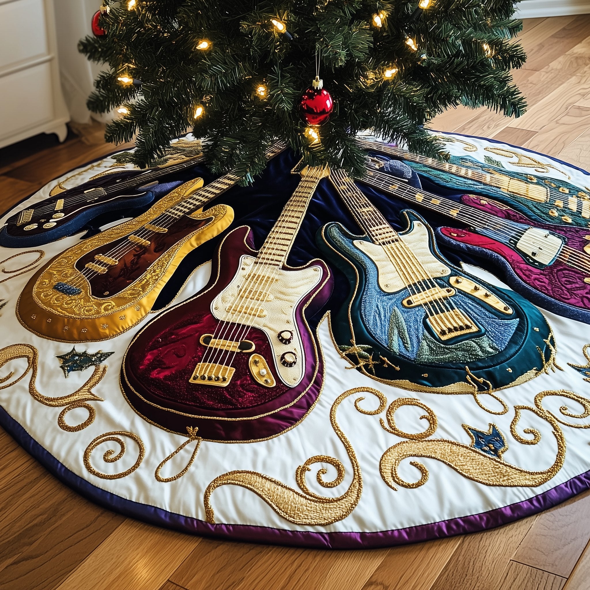 Guitars in Burgundy and Blue Christmas Tree Skirt