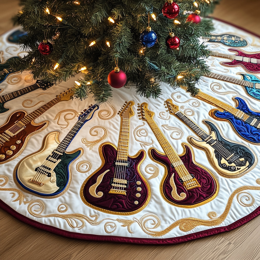 Golden Necked Guitars on Cream Christmas Tree Skirt