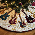 Guitars in Wine and Teal on Cream Christmas Tree Skirt