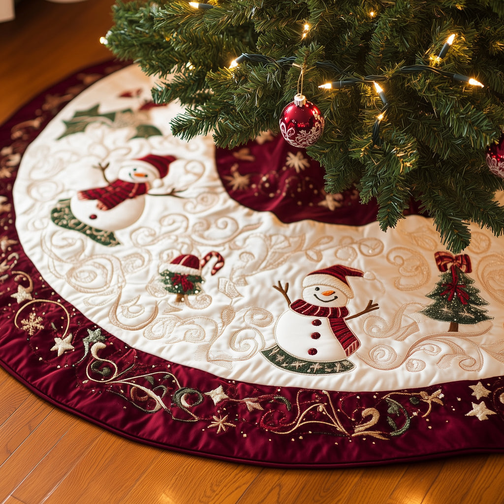 Snowman on Cream with Red Border Christmas Tree Skirt