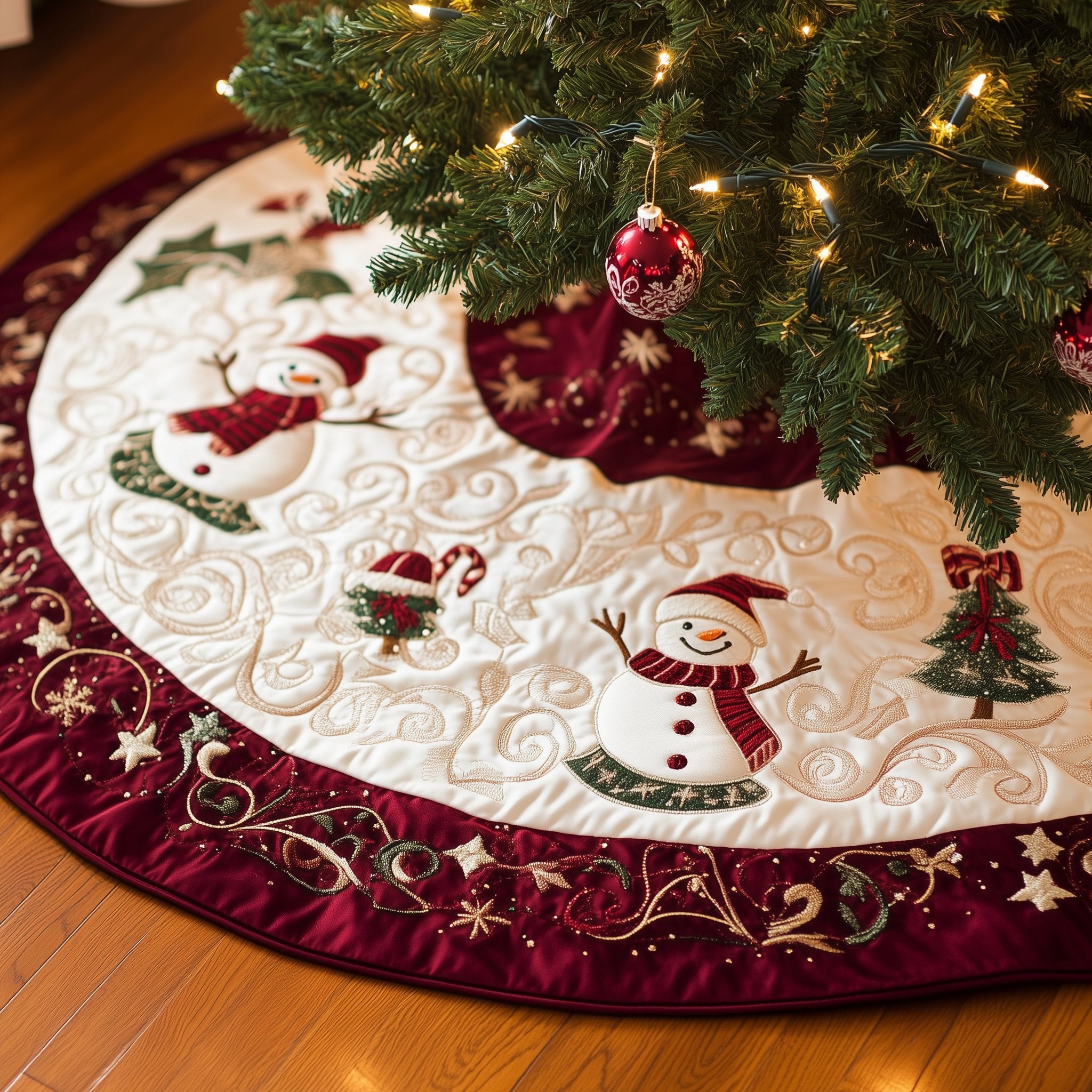 Snowman on Cream with Red Border Christmas Tree Skirt