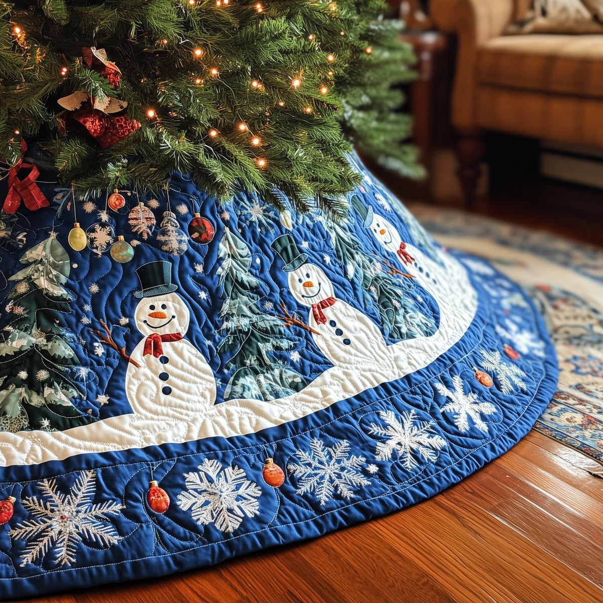 Snowmen on Blue with Falling Snowflakes Christmas Tree Skirt