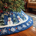 Snowmen on Blue with Falling Snowflakes Christmas Tree Skirt