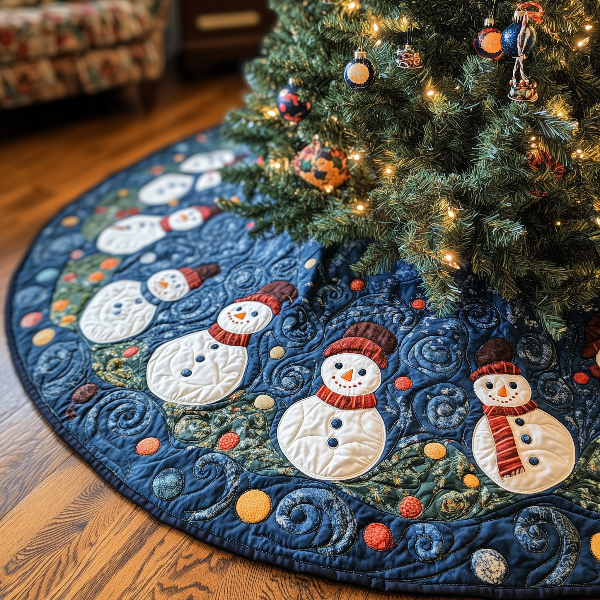 Snowmen on the Blue Swirl Ground Christmas Tree Skirt