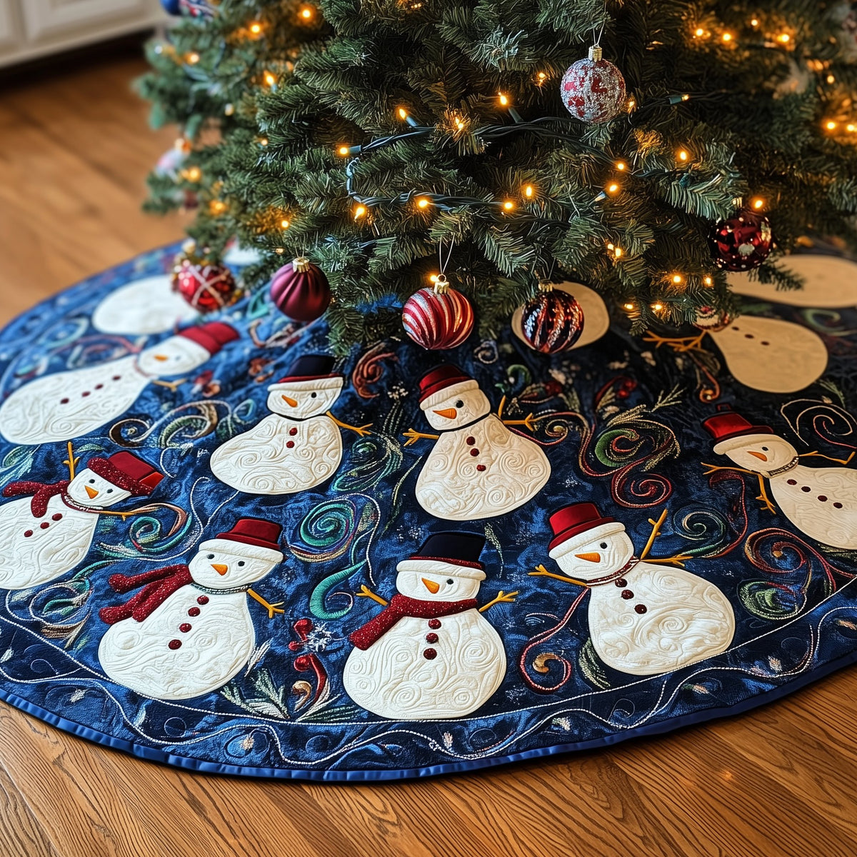 Snowmen in Red Hats on Navy Christmas Tree Skirt