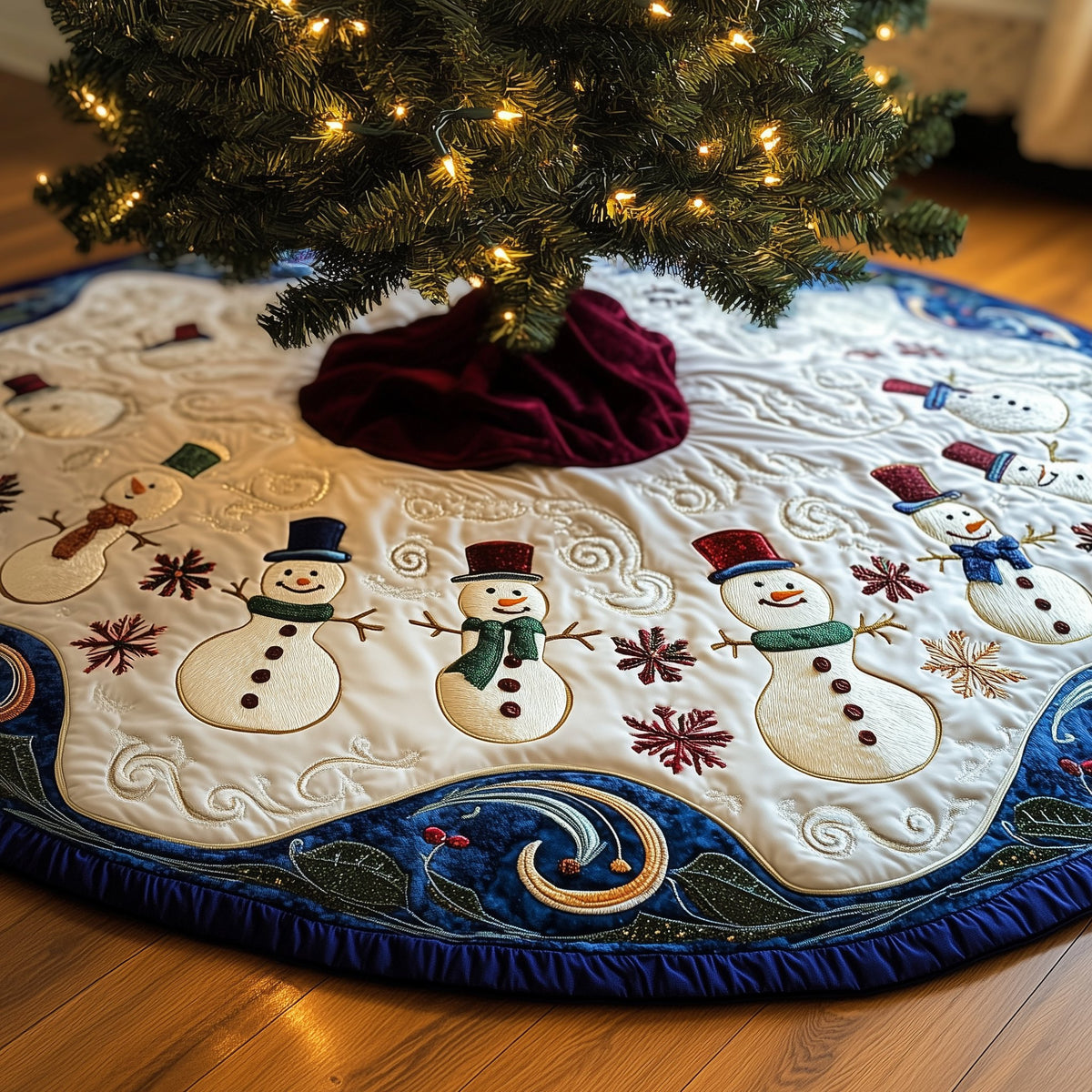 Snowmen in Top Hats on Cream Christmas Tree Skirt