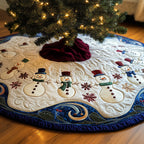 Snowmen in Top Hats on Cream Christmas Tree Skirt