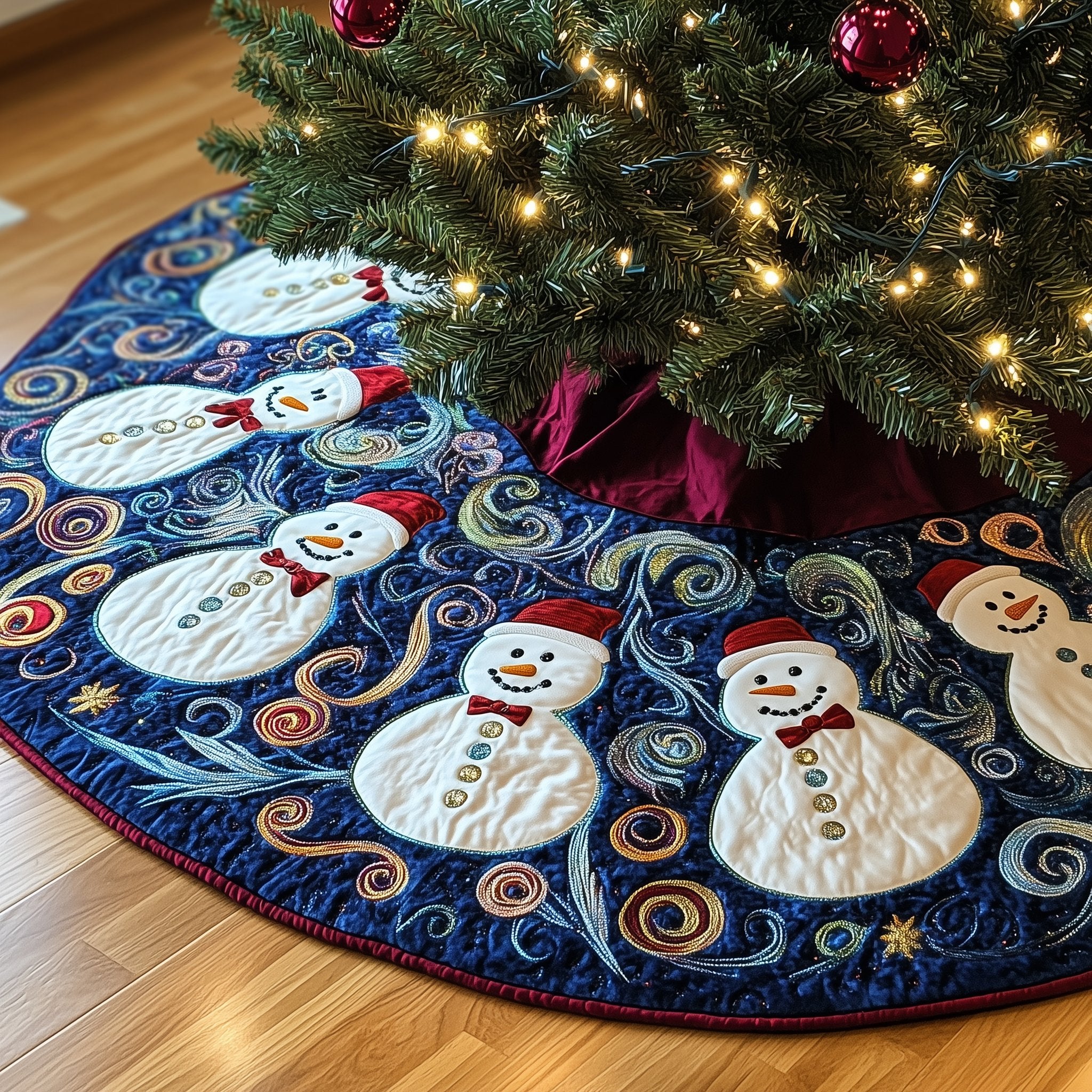 Snowmen on Navy with White Swirls Christmas Tree Skirt