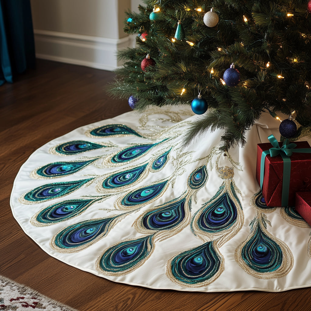 Teal Feathers Spread on Cream Christmas Tree Skirt