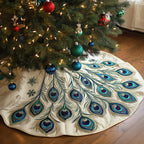 Peacock Tail Spread on White Christmas Tree Skirt