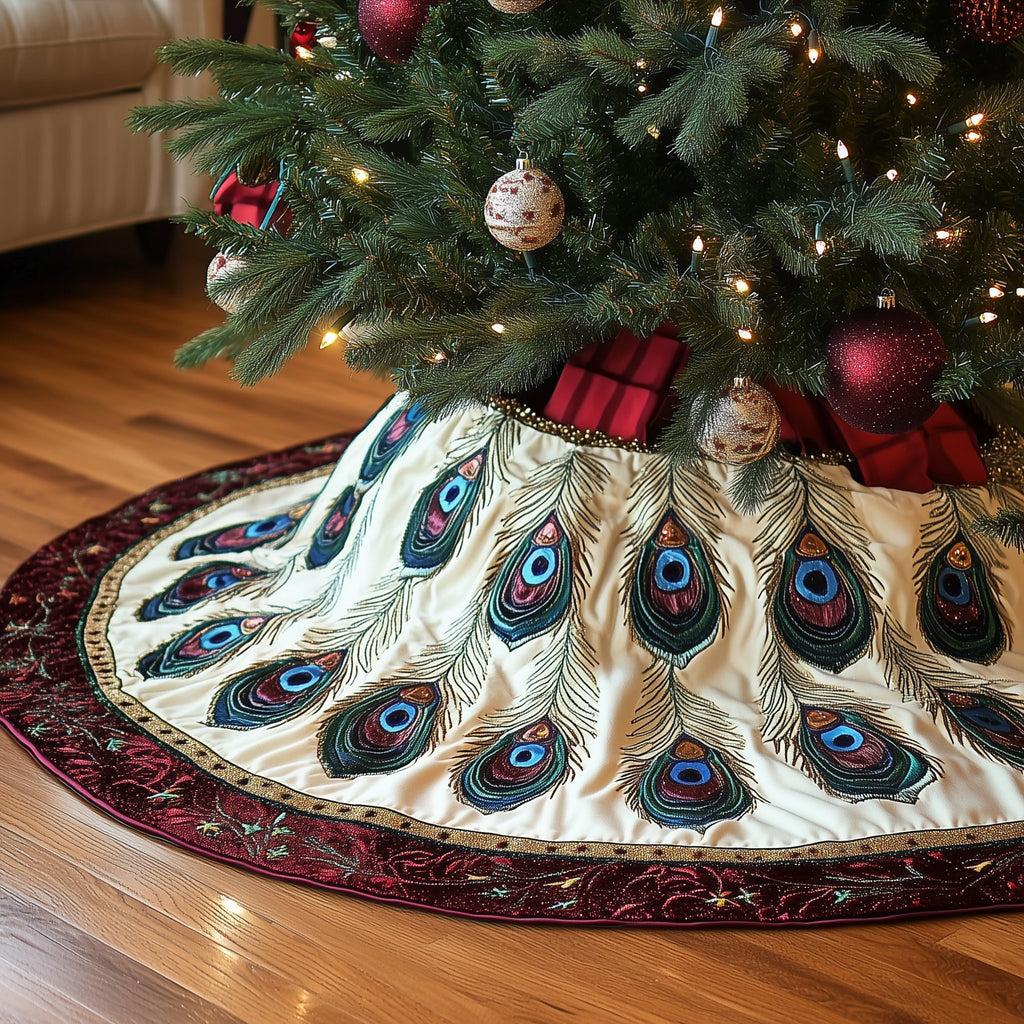 Peacock Feathers with Crimson Border Christmas Tree Skirt