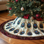Peacock Feathers with Crimson Border Christmas Tree Skirt