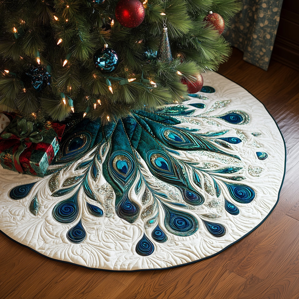 Emerald Feather Fan on Ivory Christmas Tree Skirt