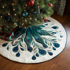 Emerald Feather Fan on Ivory Christmas Tree Skirt