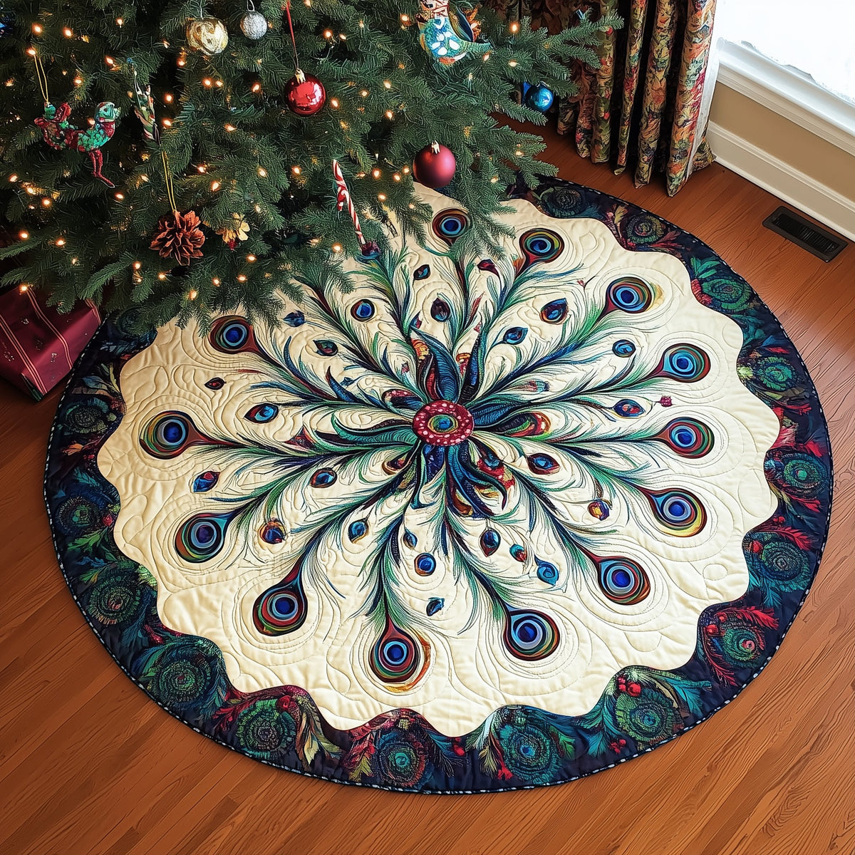 Dark Feather Rosette on Cream Christmas Tree Skirt