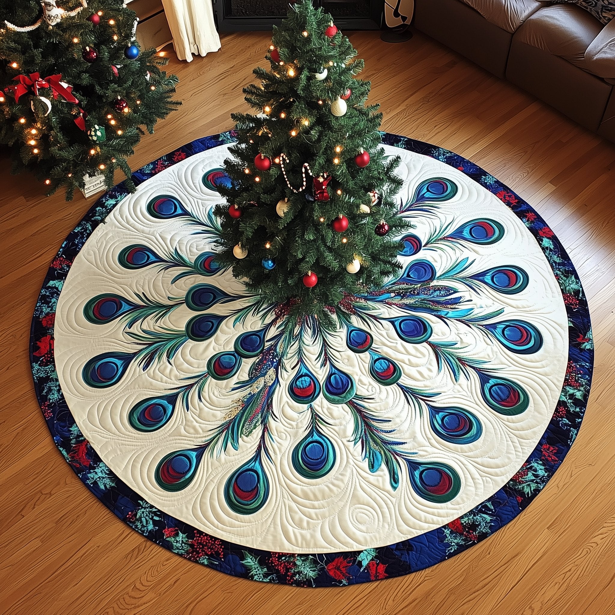 Blue Feather Burst with Floral Border Christmas Tree Skirt
