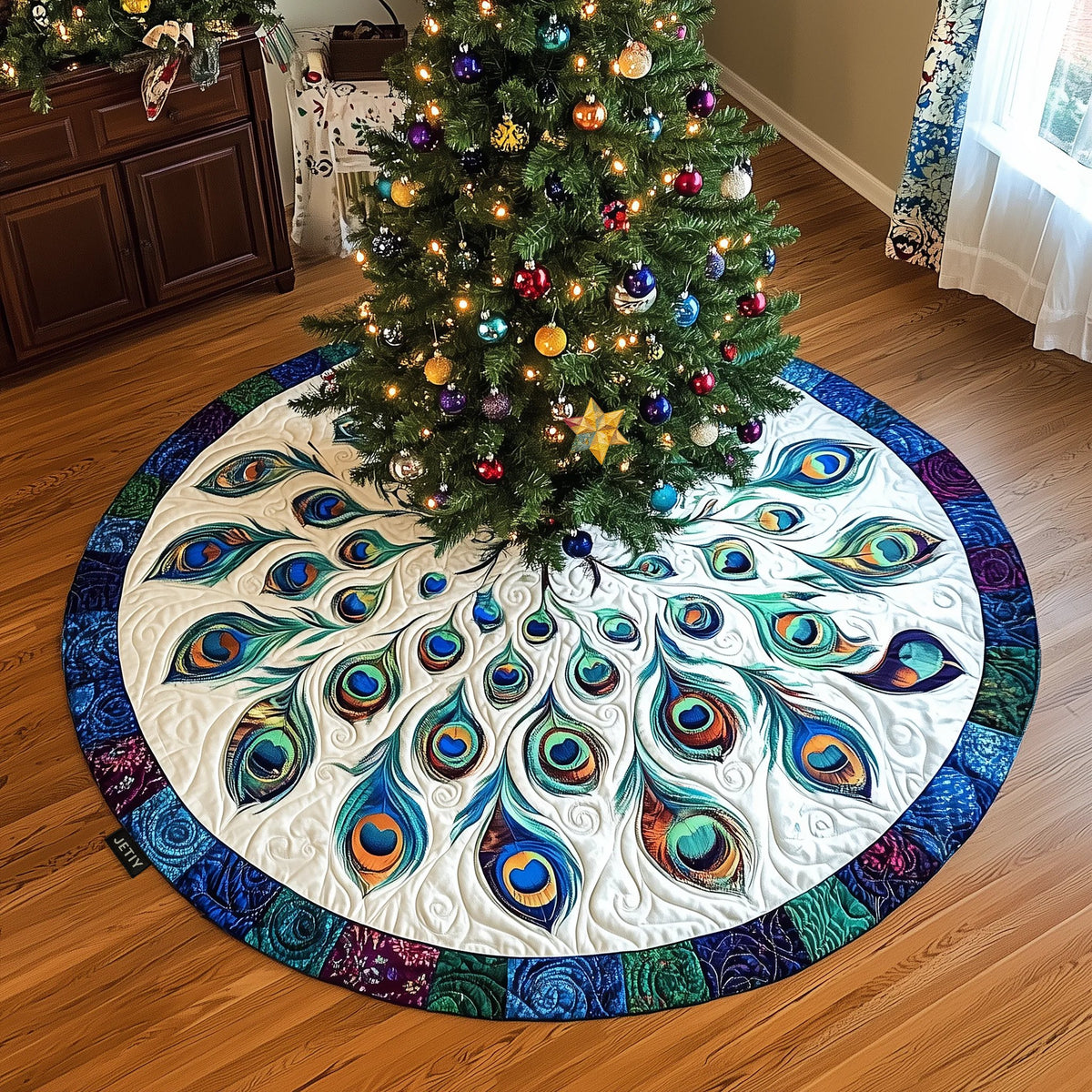 Peacock Feathers with Patchwork Rim Christmas Tree Skirt