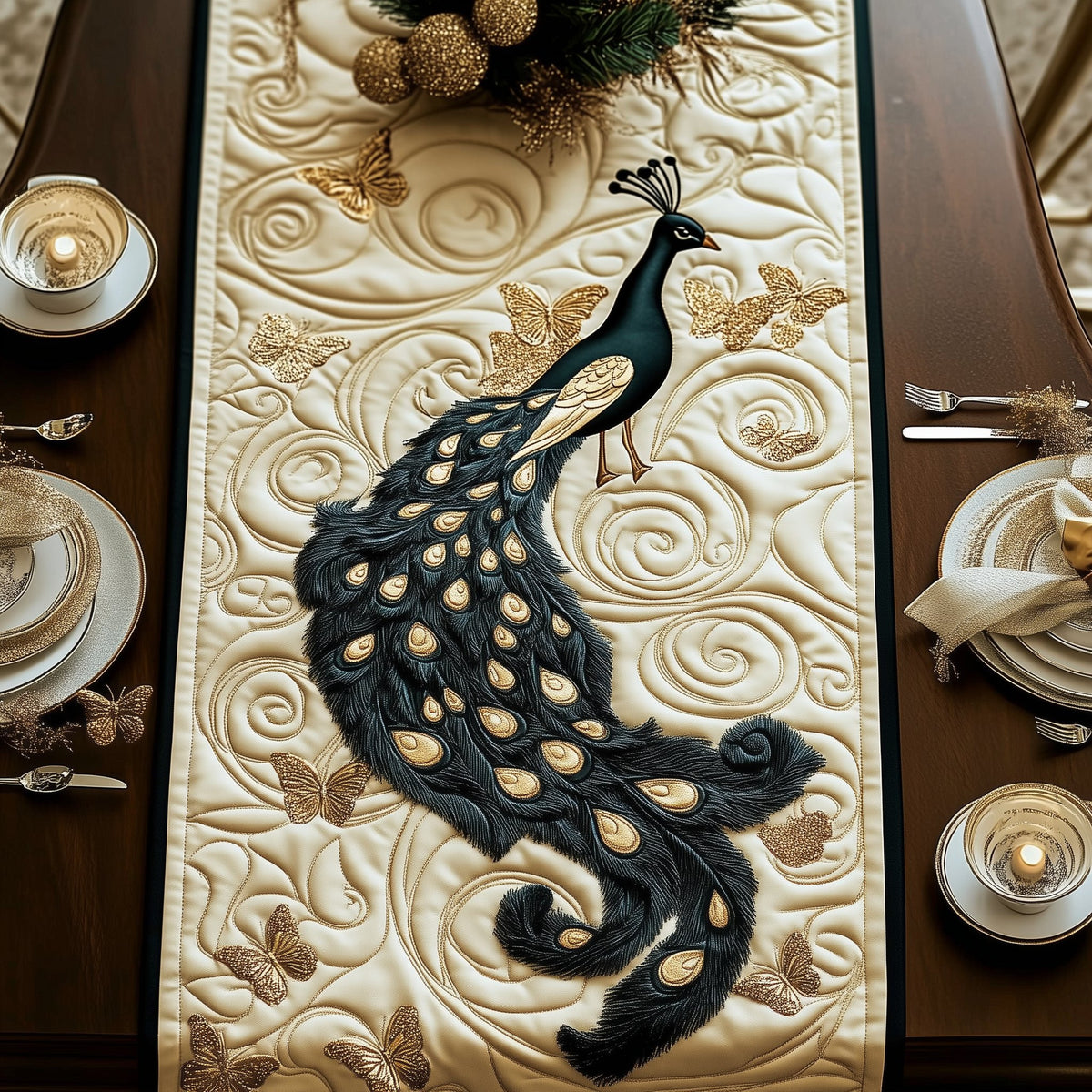 Black Peacock on Cream Swirls Table Runner