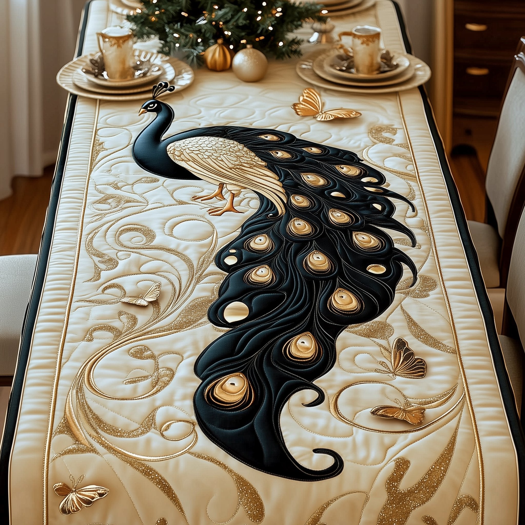 Black Peacock with Flowing Tail Table Runner