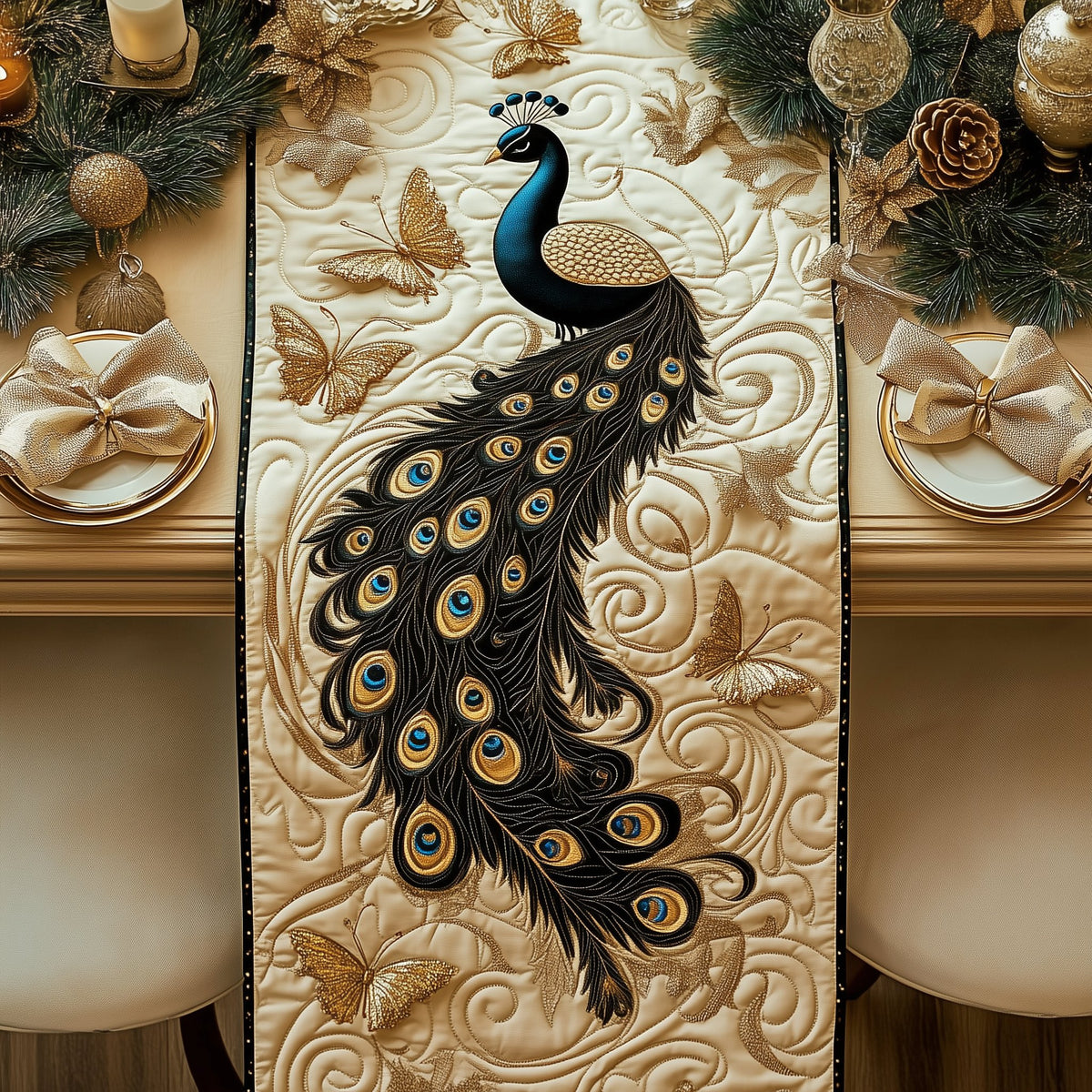 Curving Peacock Tail on Ivory Table Runner