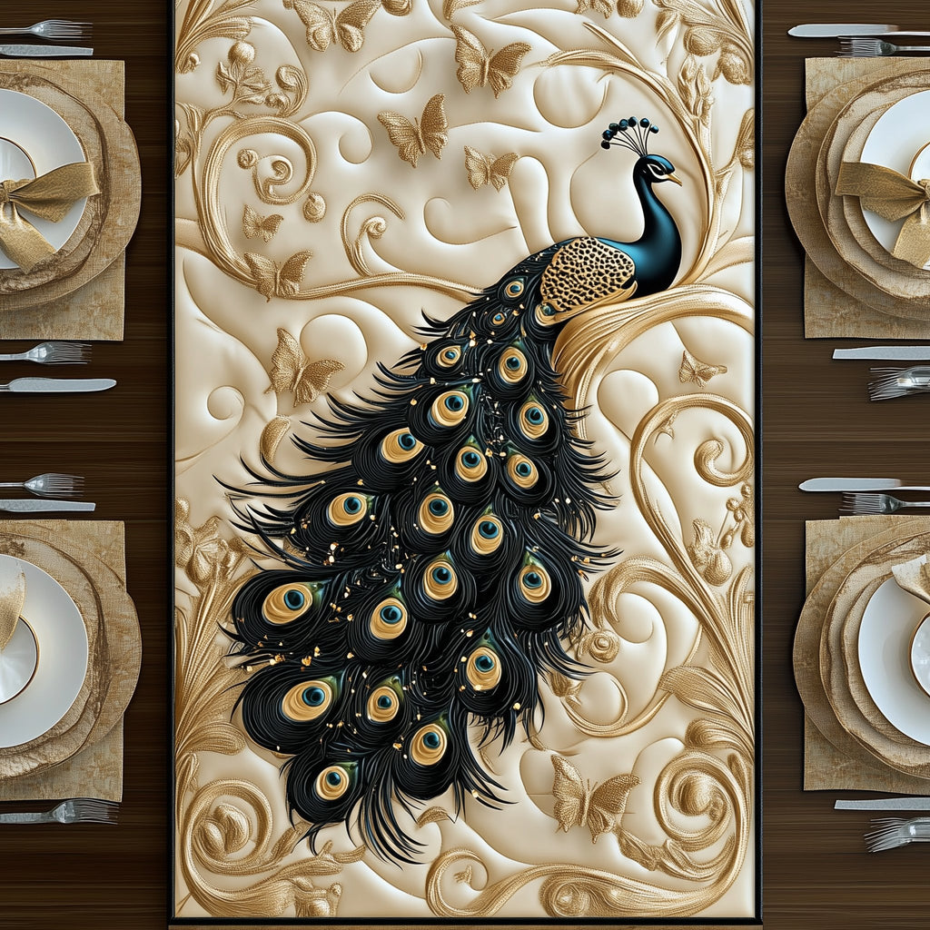 Peacock with Golden Eye Feathers Table Runner