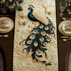 Gold and Black Peacock on Cream Table Runner