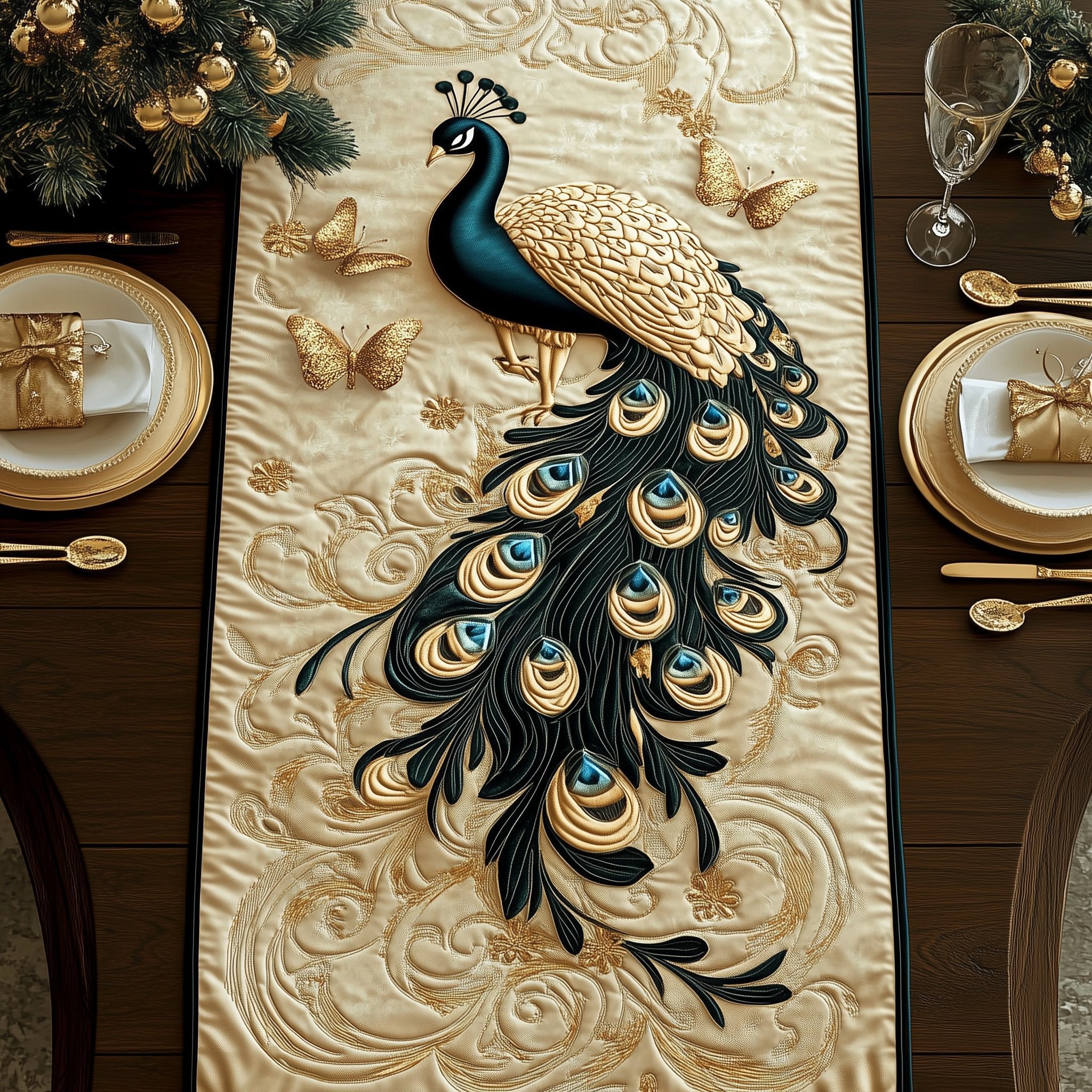 Gold and Black Peacock on Cream Table Runner