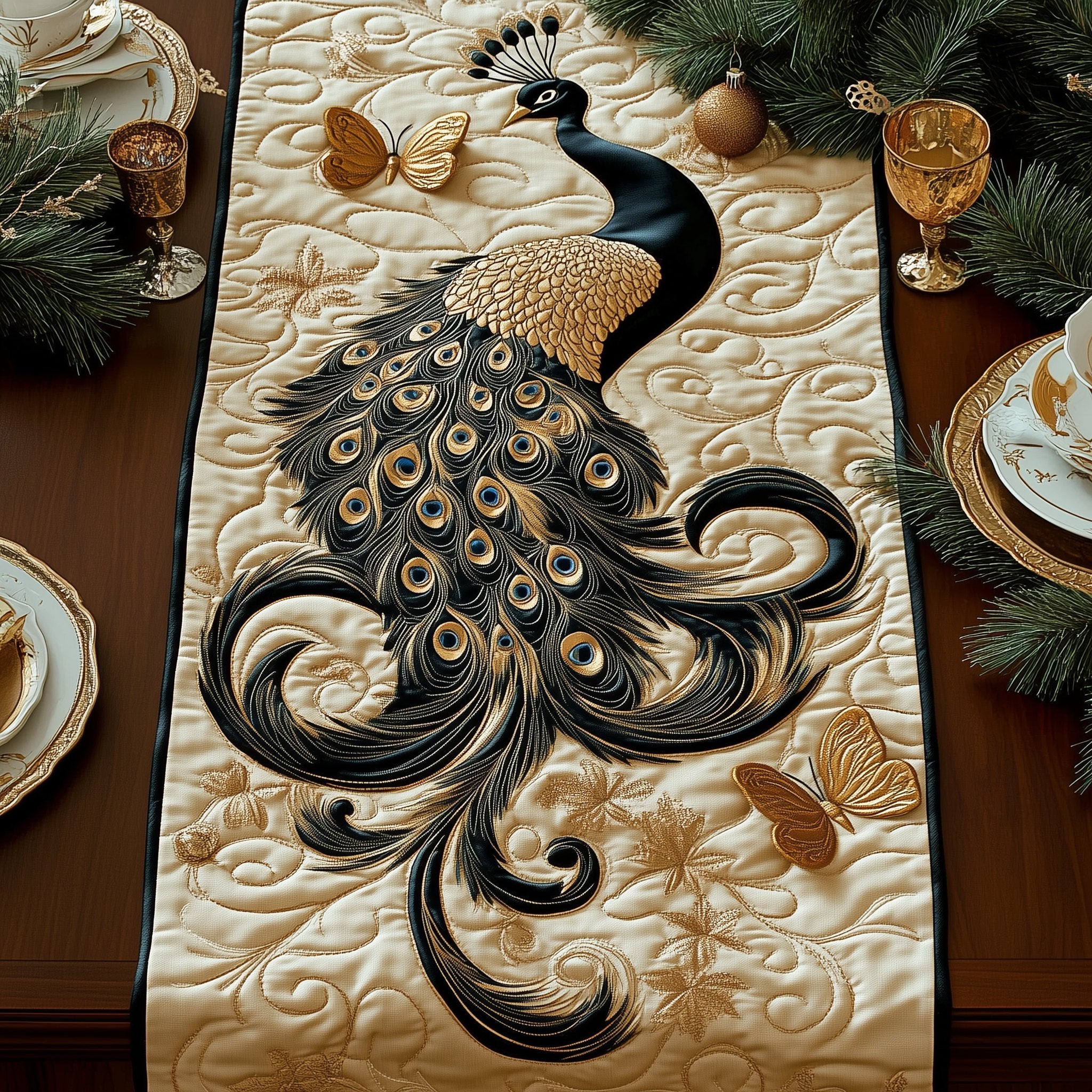 Peacock with Swirling Feather Tail Table Runner