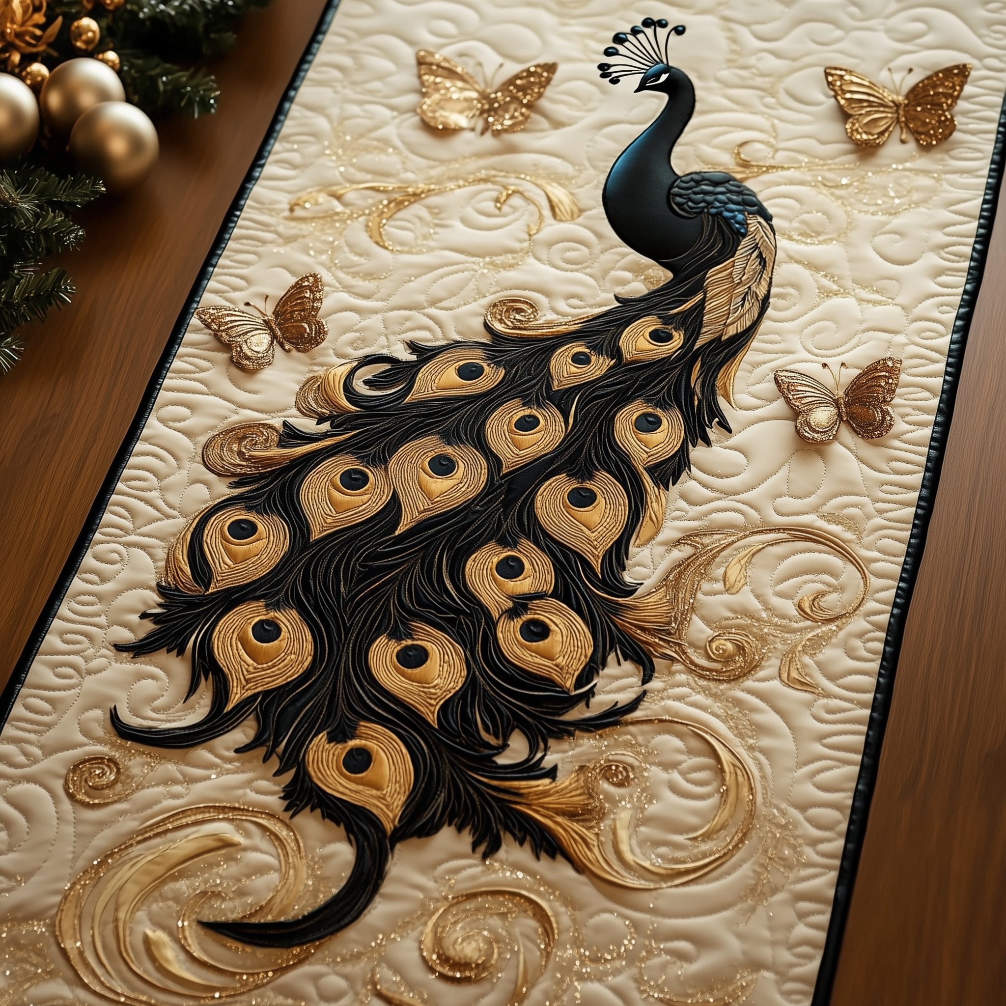 Peacock with Wide Golden Tail Table Runner