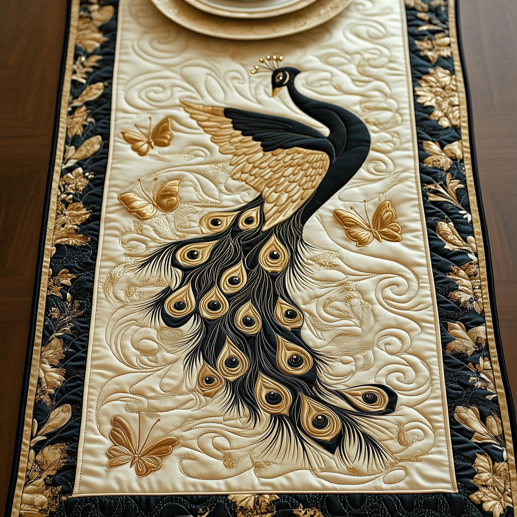 Peacock with Butterflies on Cream Table Runner