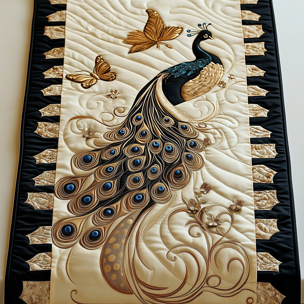 Peacock with Striped Black Border Table Runner