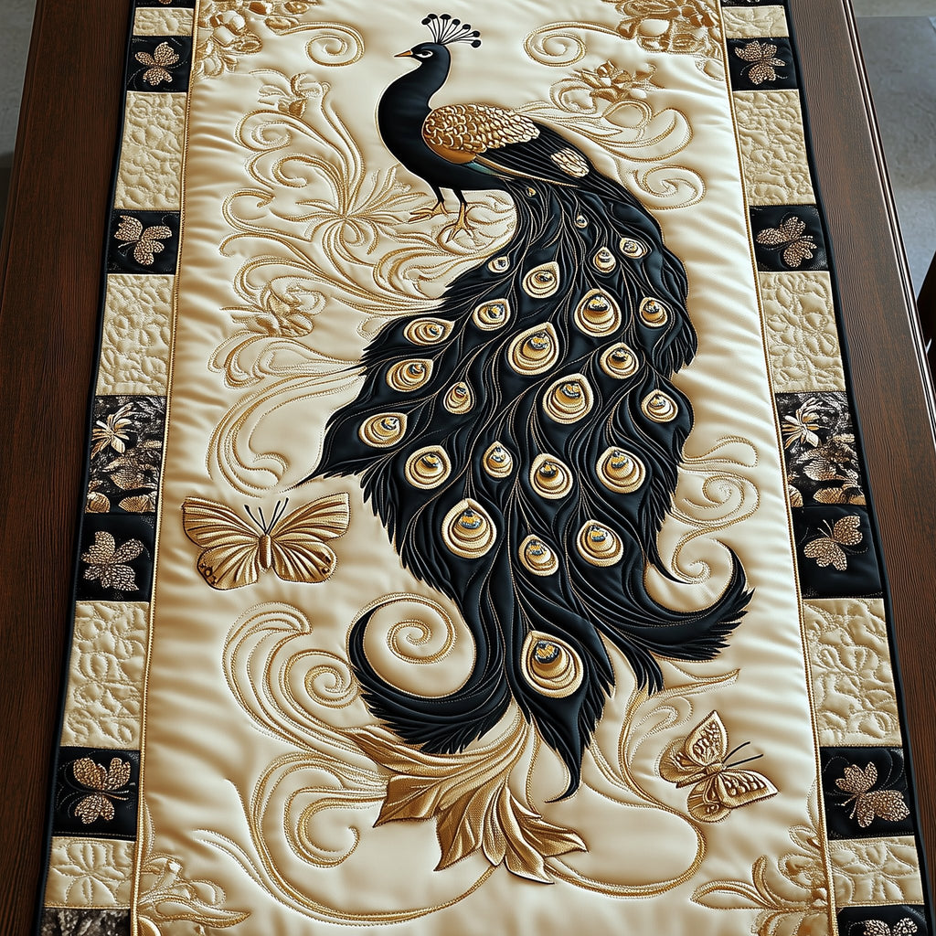 Golden Peacock on Ivory Panel Table Runner