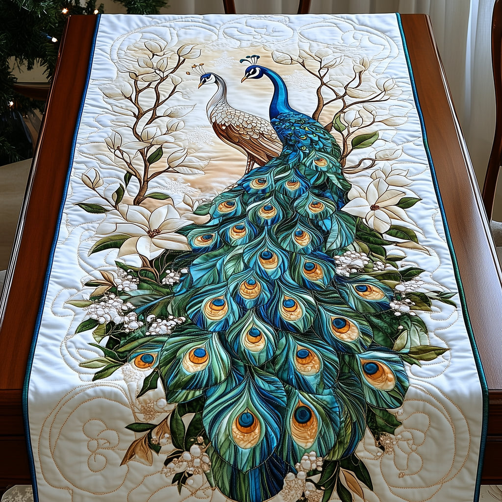 Teal Peacock with White Blossoms Table Runner
