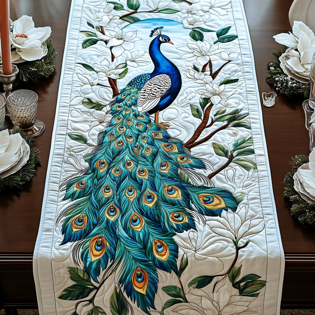 Teal Peacock Among Magnolias Table Runner