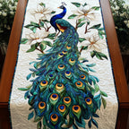 Green Peacock and White Flowers Table Runner