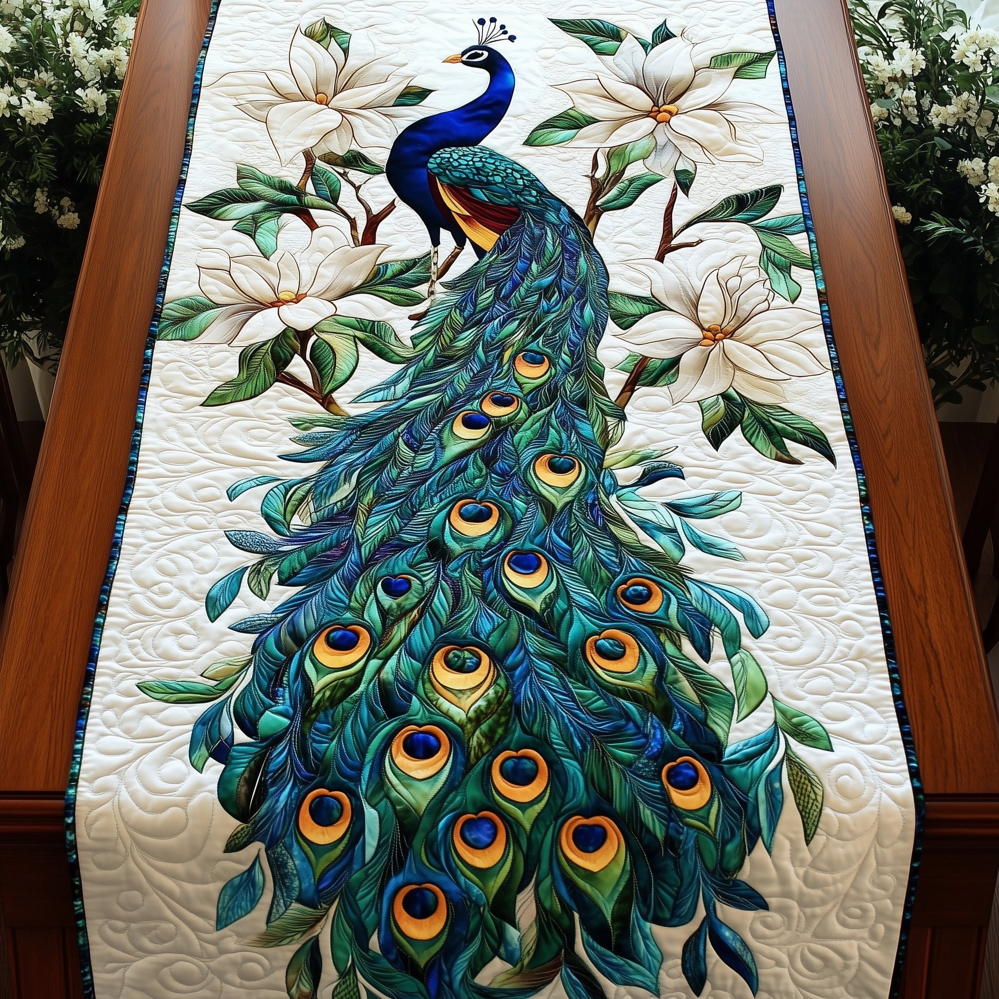 Green Peacock and White Flowers Table Runner
