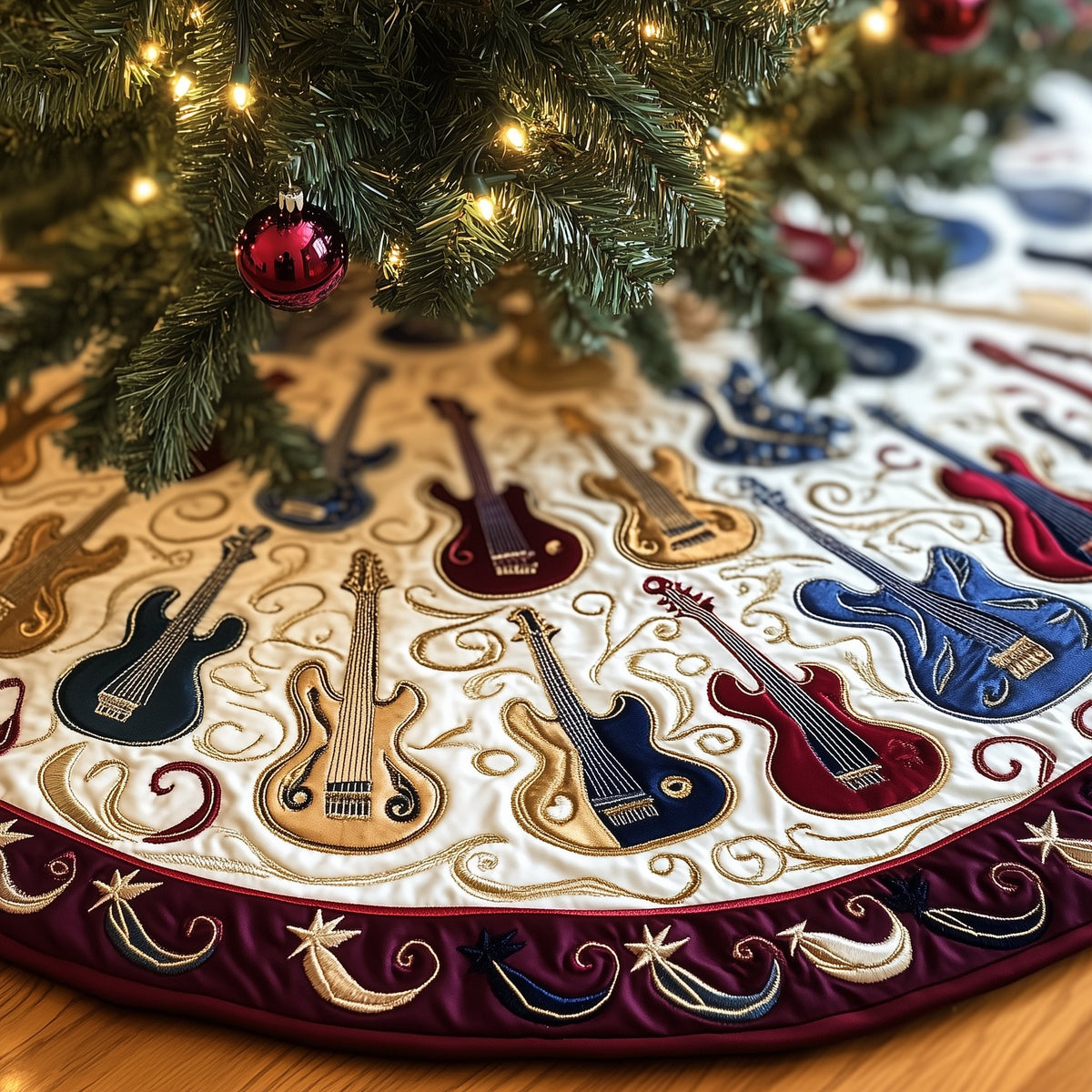 Guitars on Cream Burgundy Border Christmas Tree Skirt