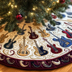 Guitars on Cream Burgundy Border Christmas Tree Skirt
