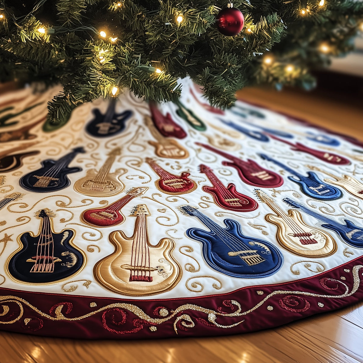 Guitars on Cream with Navy Edge Christmas Tree Skirt