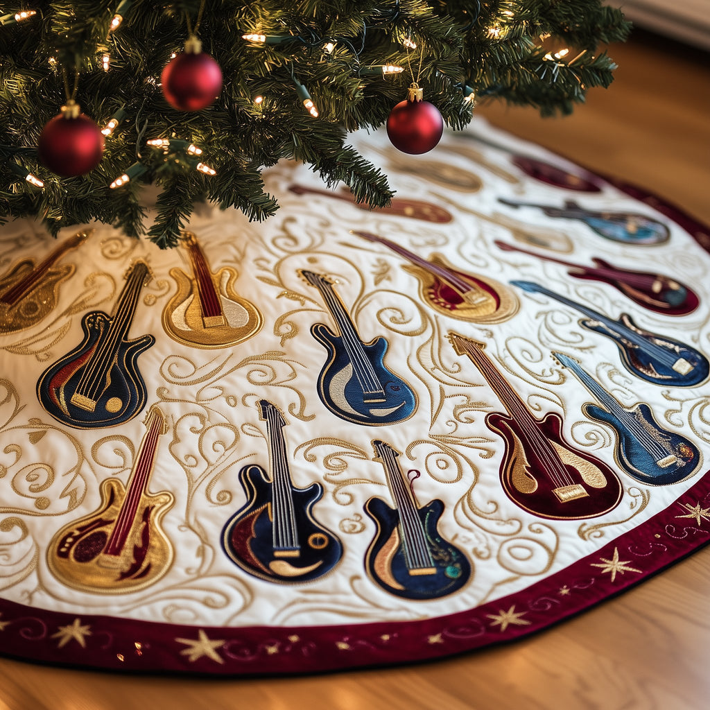 Guitars on White with Red Border Christmas Tree Skirt
