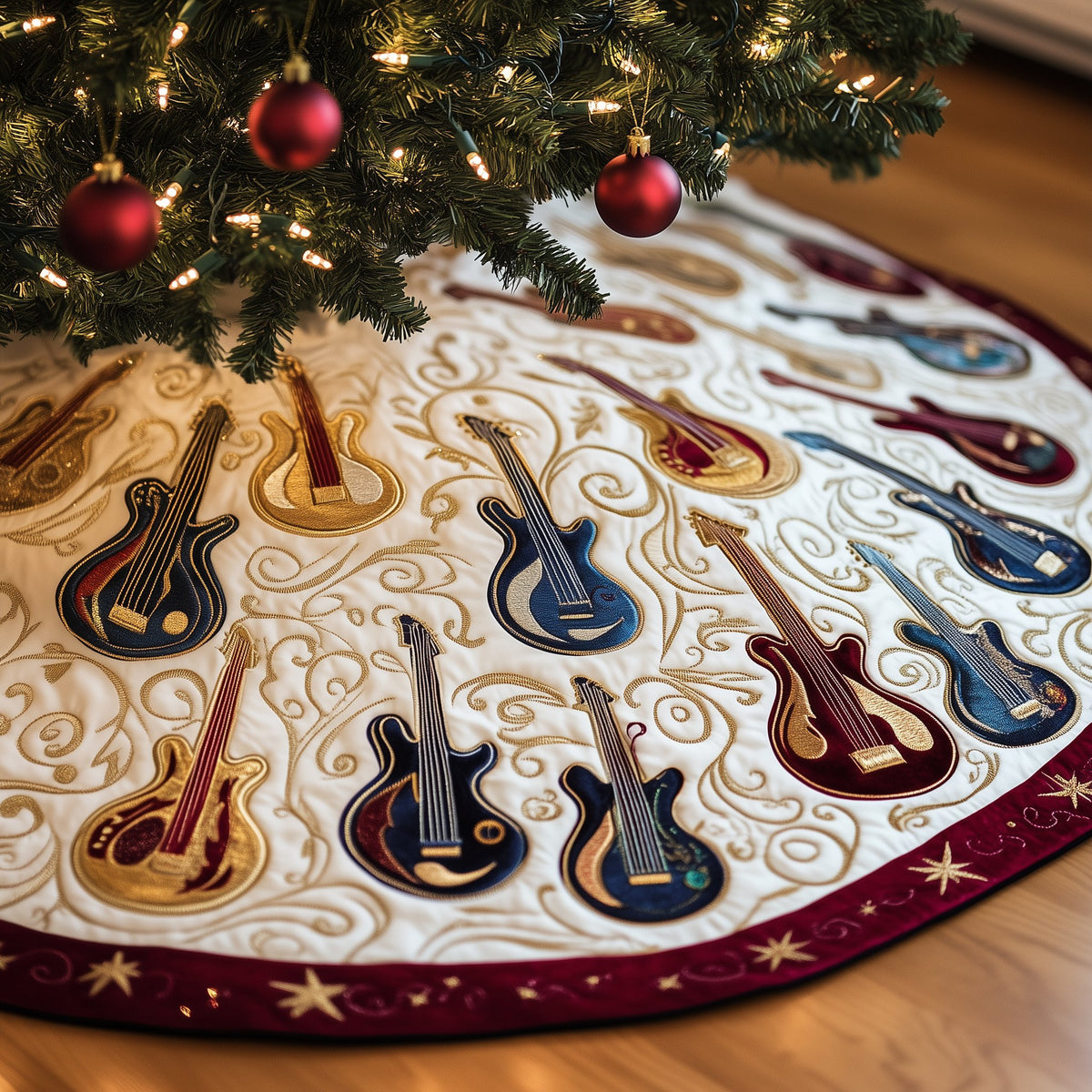 Guitars on White with Red Border Christmas Tree Skirt